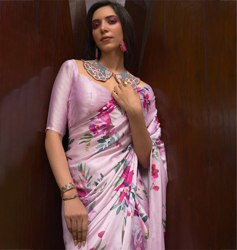 Pink & Red Floral Satin Saree